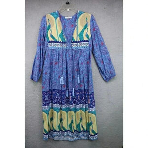 R. Vivimos Midi Blue Floral Peacock Dress-Size Small-Boho-Hippie